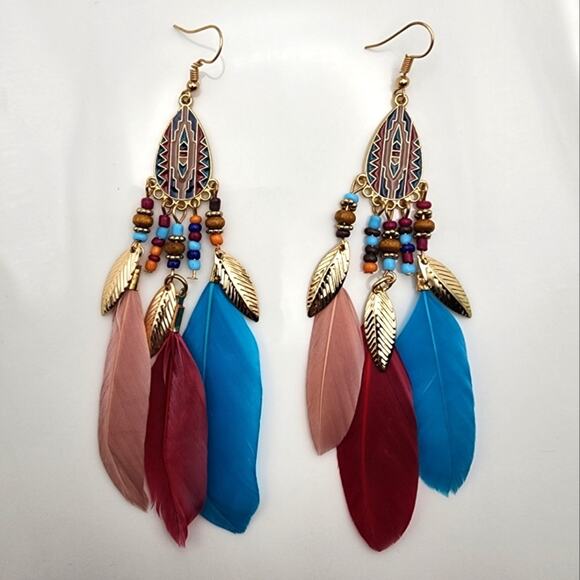 Multicolor Boho Feather Earrings - Picture 1 of 9